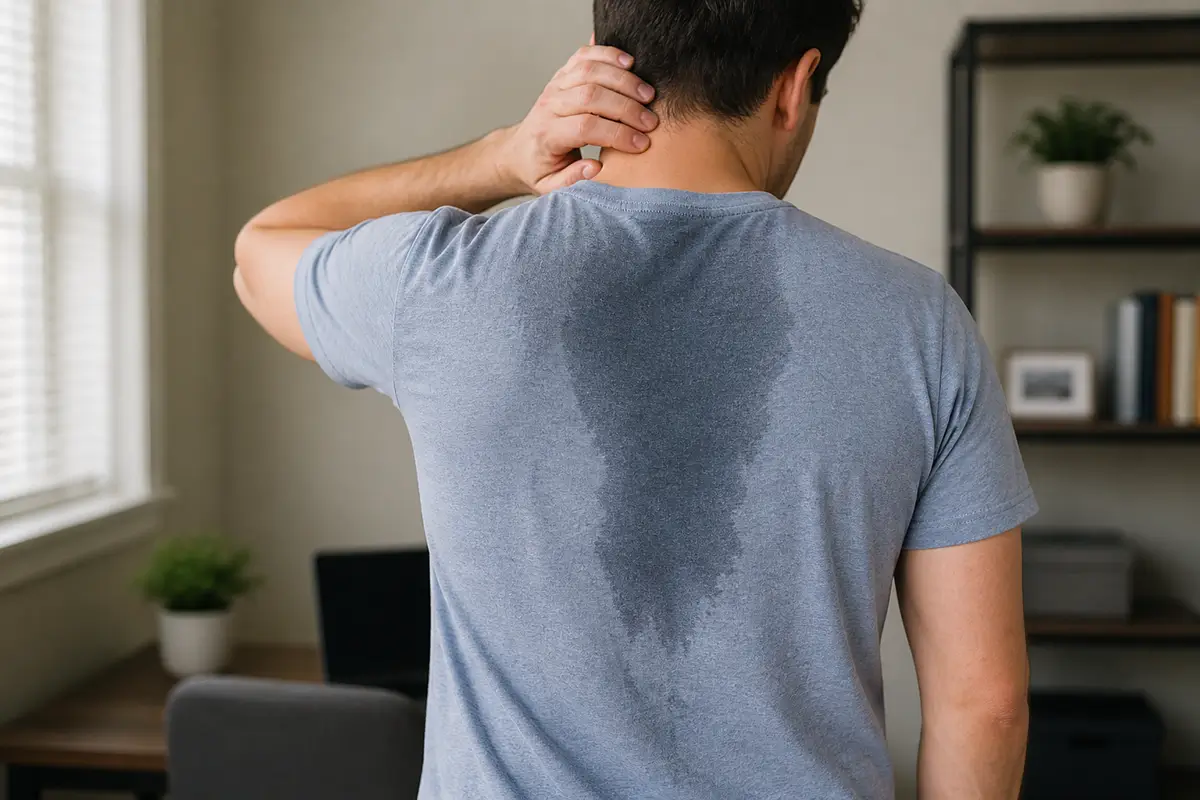 Person with visible back sweat stain on shirt showing excessive sweating on back