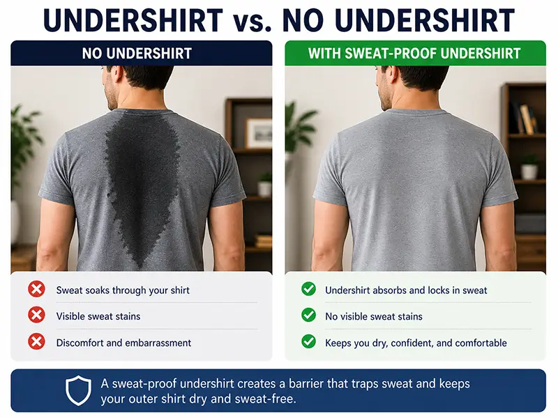 A comparison of two people. One wearing an undershirt and no sweat stains and another person without an undershirt showing sweat stains.
