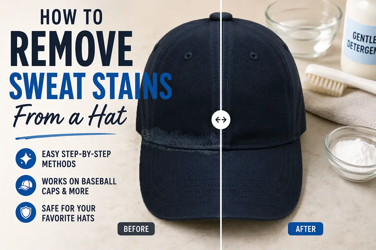 Before and after illustration showing how to remove sweat stains from a hat